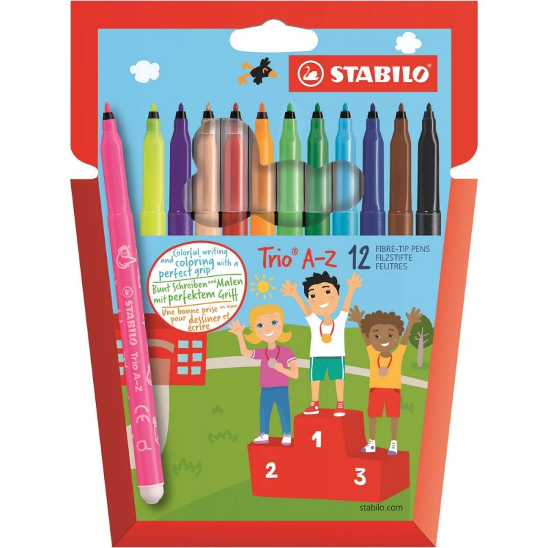 Фломастеры STABILO «Trio», 12 цветов, трехгранная зона обхвата, толщина линии 0.7 мм, пластиковый футляр