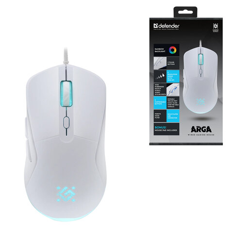 Мышь проводная DEFENDER Arga GM-049, 1200/1800/2400/3600 dpi, 5 кнопок + 1 колесо-кнопка, белый
