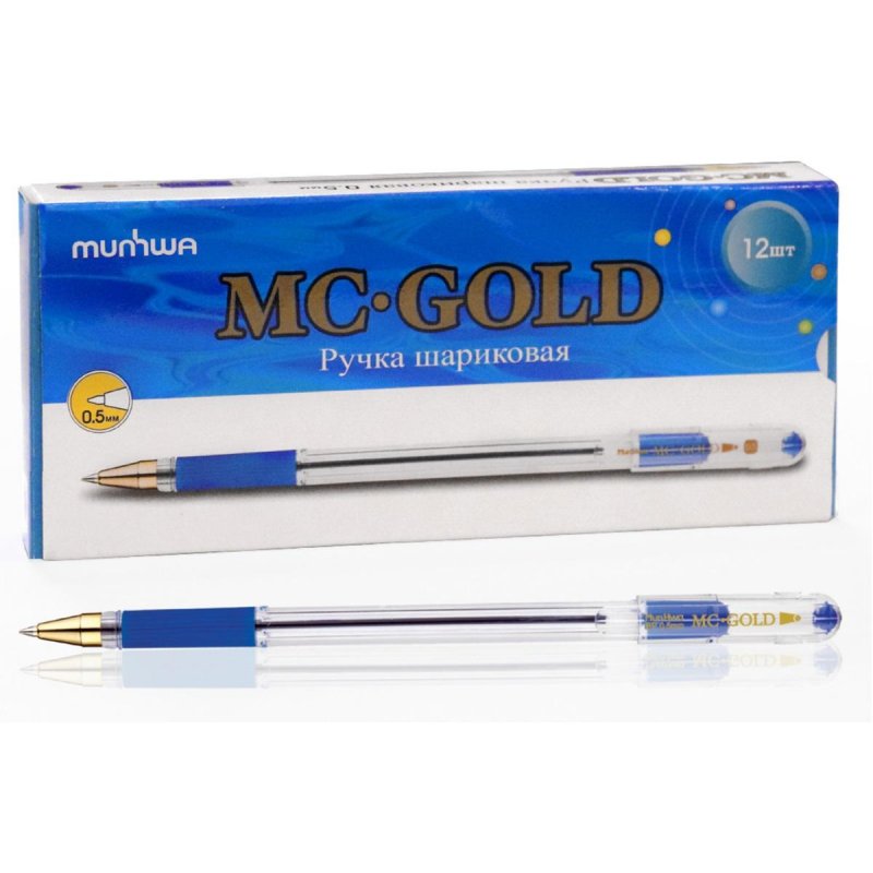 Ручка шариковая масляная с грипом MUNHWA «MC Gold», СИНЯЯ, корпус прозрачный, узел 0.5 мм, линия письма 0.3 мм