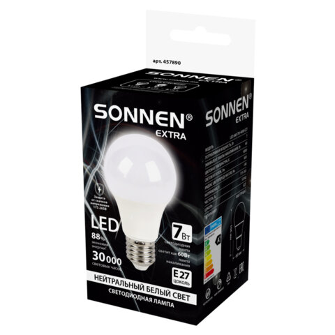 Лампа светодиодная SONNEN EXTRA, 7 (60) Вт, Е27, груша, нейтральный белый, 30000 ч, LED A60-7W-4000-Е27
