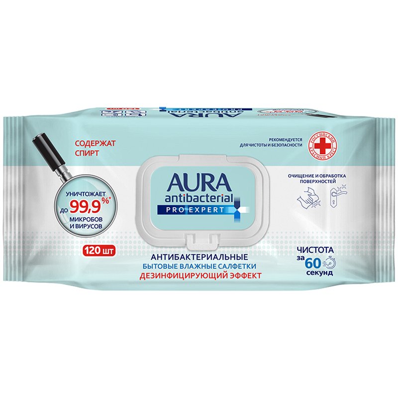превью Салфетки влажные для поверхностей Aura «Pro Expert» big-pack с крышкой, 17×14см, 120шт, изопропилов. спирт