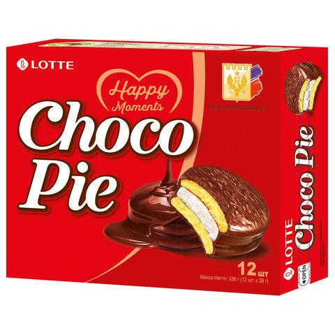 превью Печенье LOTTE «Choco Pie» («Чоко Пай»)прослоенноеглазированноев картонной упаковке336 г (12 штук х 28 г)
