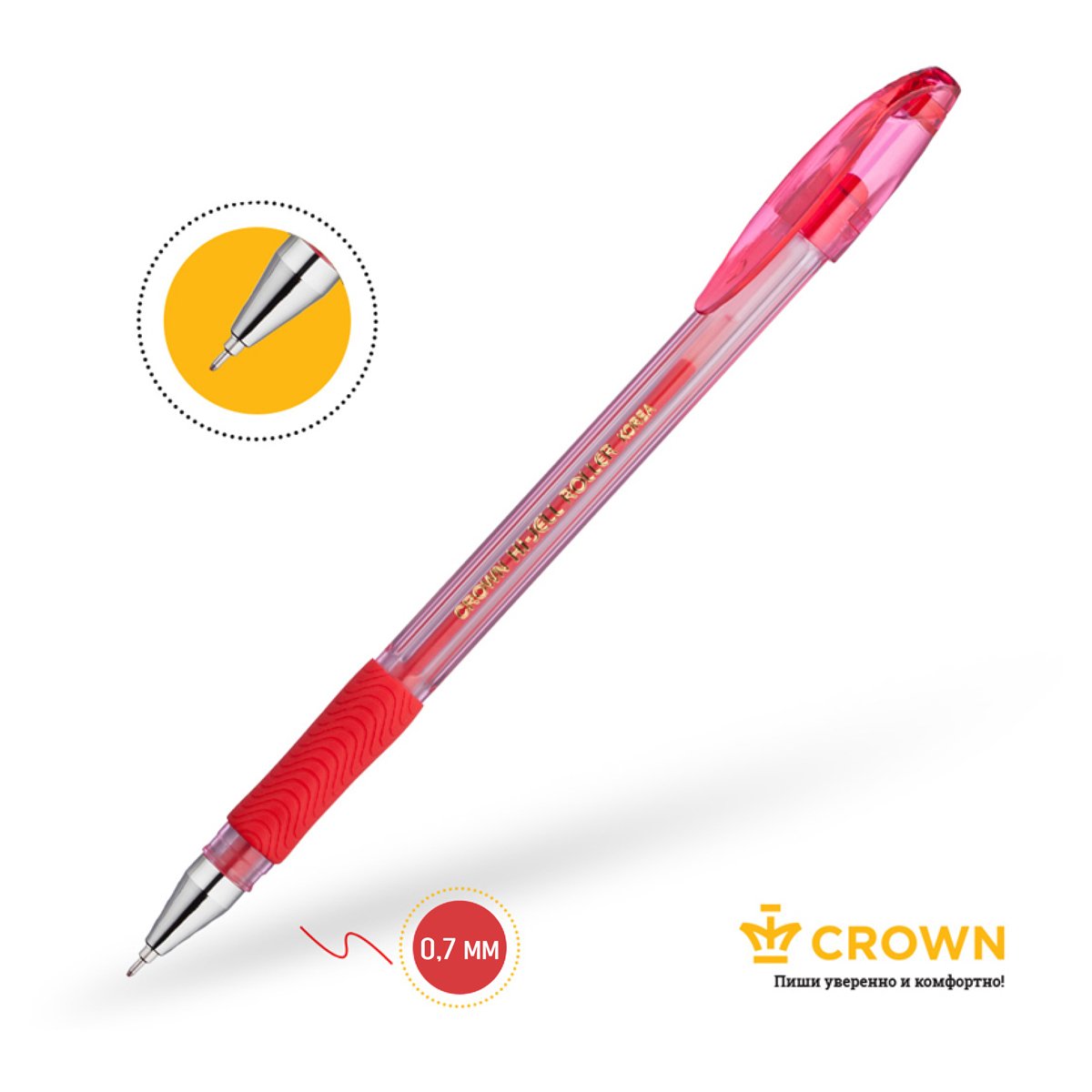 Ручка гелевая Crown «Hi-Jell Needle Grip» красная, 0.7мм, грип, игольчатый стержень, штрих-код