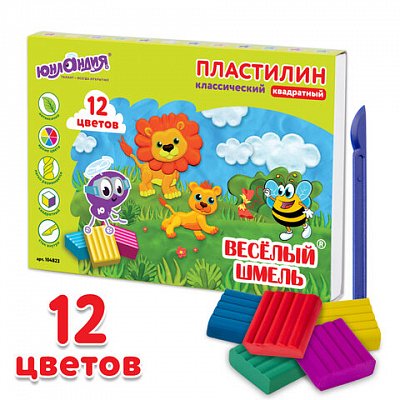 Пластилин классический ЮНЛАНДИЯ «ВЕСЁЛЫЙ ШМЕЛЬ», 12 цветов, 204 г, БЕЗ СТЕКА, КВАДРАТНЫЙ