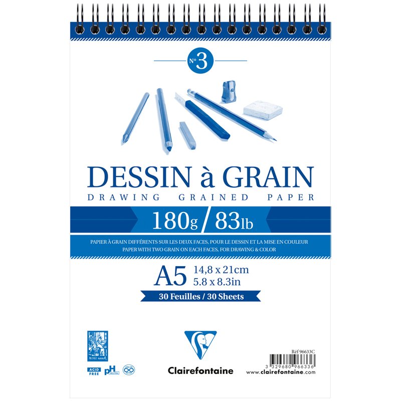 превью Скетчбук 30л. А5 на гребне Clairefontaine «Dessin a grain», 180г/м2, мелкозернистая