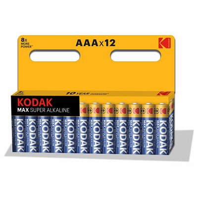 Батарейки алкалиновые «мизинчиковые» КОМПЛЕКТ 12 шт., KODAK Max Super Alkaline, ААА (LR03.15А), блистер