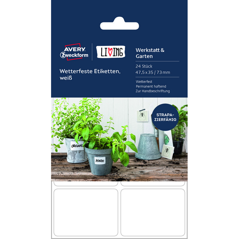 превью Этикетки самоклеящиеся Avery Zweckform Living всепогодные белые 47.5×35 мм (8-4 штуки на листе A4, 24 листа в упаковке)
