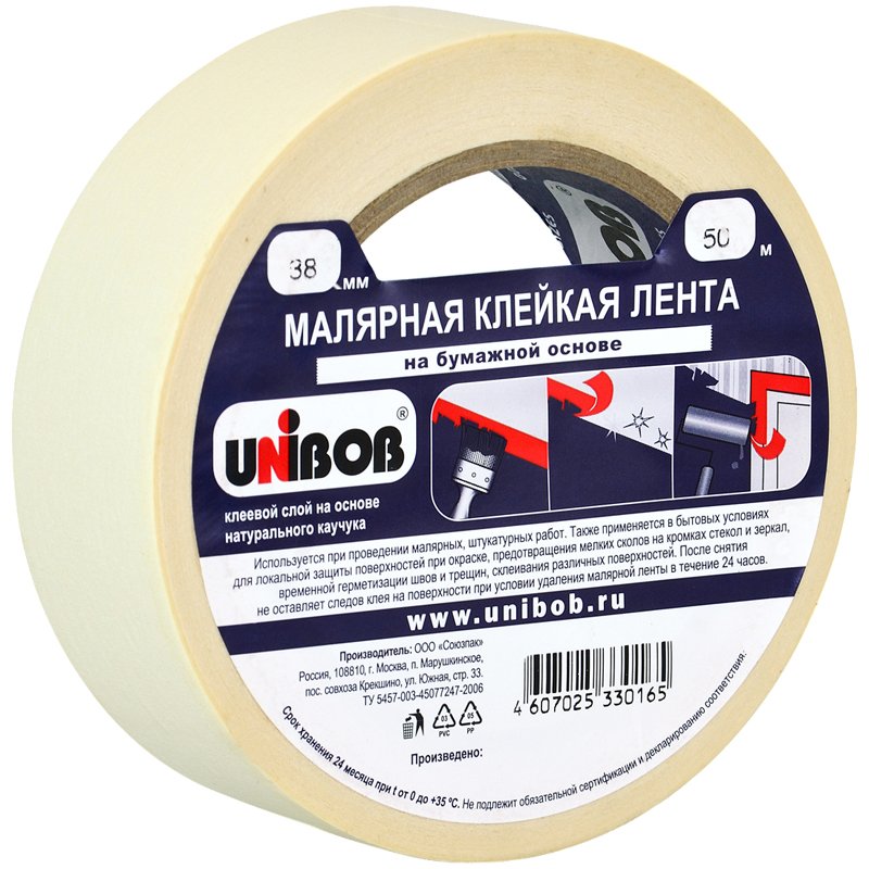 Клейкая лента малярная креппированная 38 мм х 50 м (реальная длина! ), профессиональная, UNIBOB 28138