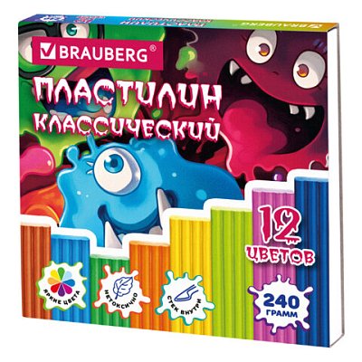 Пластилин классический «МОНСТРИКИ», 12 цв., 240г, СТЕК, ВЫСШЕЕ КАЧЕСТВО, BRAUBERG