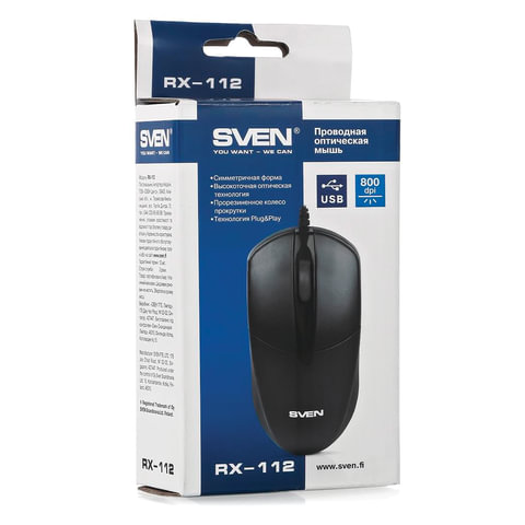 Мышь проводная SVEN RX-112, USB, 2 кнопки+1 колесо-кнопка, оптическая, черная