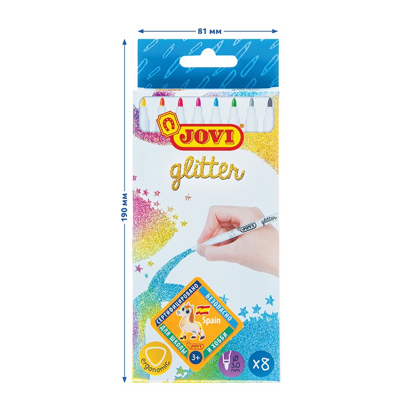Фломастеры с блестками JOVI «Glitter», 08цв., смываемые, картон, европодвес