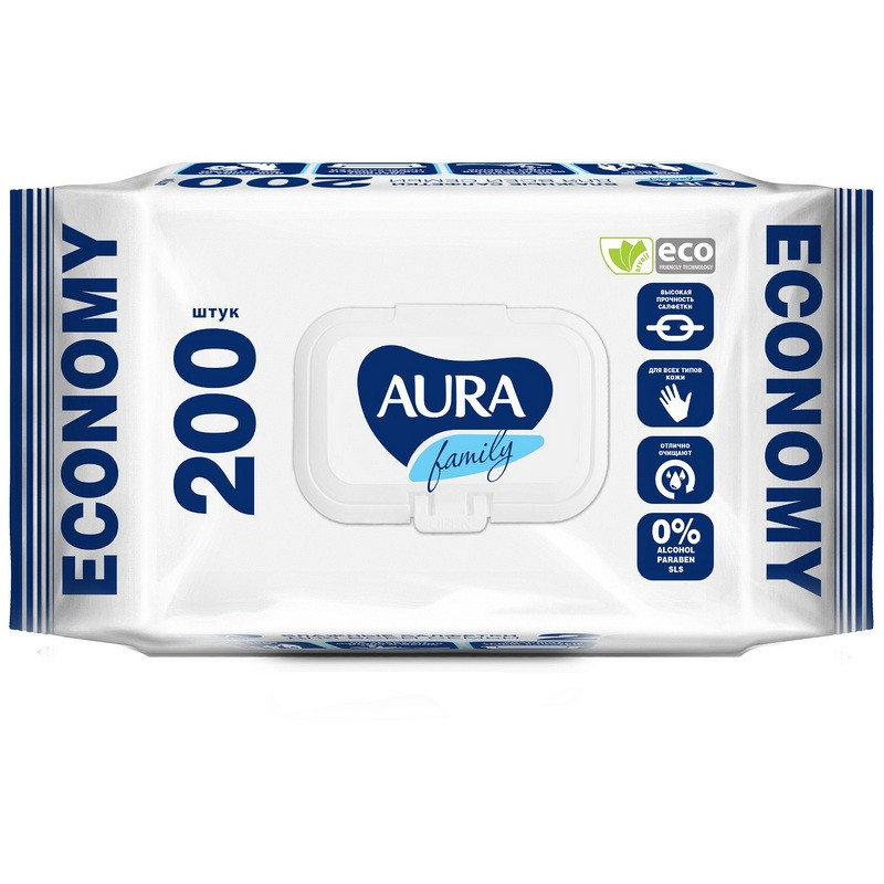превью Влажные салфетки с крышкой Aura 200 штук в упаковке