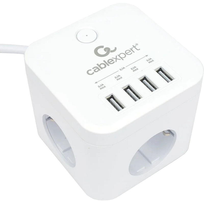 превью Сетевой фильтр Cablexpert Cube 3р/1.5м, 10А, 4хUSB, белый(CUBE-3-U4-W-1.5)