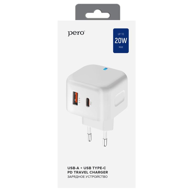 Зарядное устройство сетевое PERO TC10 USB-C 20W + USB-A Fast Charge белый