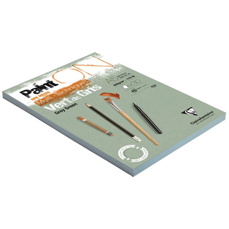 Скетчбук - альбом для смешанных техник 30л., А4, на склейке Clairefontaine «Paint'ON Grey Green», 250г/м2, серо-зеленая