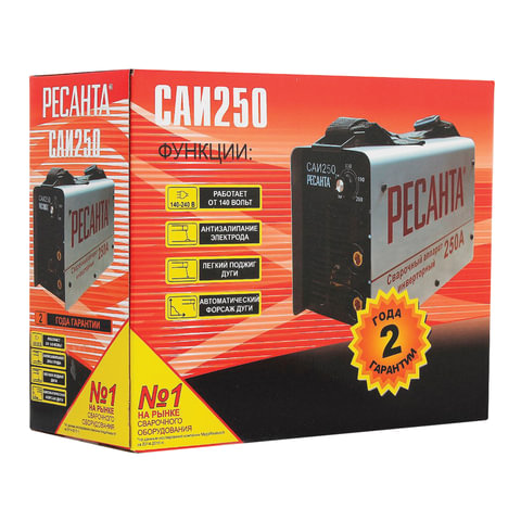 Сварочный аппарат инверторный, сварочный ток до 250 А, диаметр электрода до 6 мм, РЕСАНТА САИ 250