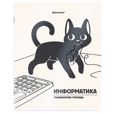 Тетрадь предметная КОТ-НЕПОСЕДА 48 л., пластиковая обложка, ИНФОРМАТИКА, клетка, подсказ, BRAUBERG