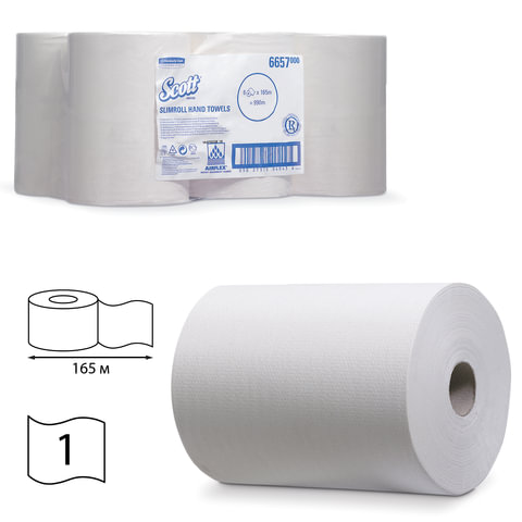 превью Полотенца бумажные рулонные KIMBERLY-CLARK Scott, КОМПЛЕКТ 6 шт., Slimroll, 165 м, белые, диспенсеры 601536, 601537