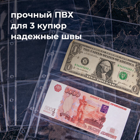 Листы-вкладыши для альбома «OPTIMA» на 3 боны (купюры), КОМПЛЕКТ 10 шт., 200×250 мм, ПВХ, STAFF