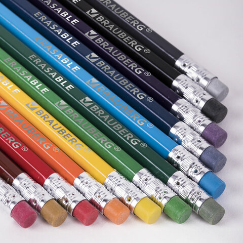 Карандаши цветные стираемые с ластиком BRAUBERG ERASABLE12 цветовмягкий грифель 3 мм181932