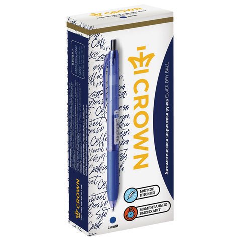 Ручка шариковая масляная автоматическая с грипом CROWN «Quick Dry», СИНЯЯ, узел 0.5 мм, линия письма 0.3 мм
