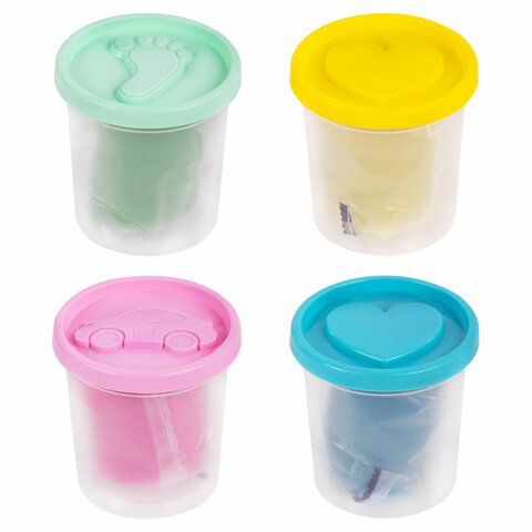 Пластилин-тесто для лепки BRAUBERG KIDS, 4 цвета, 560 г, пастельные цвета, крышки-штампики