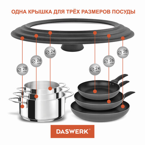 Крышка для любой сковороды и кастрюли универсальная 3 размера (24-26-28 см) серая, DASWERK