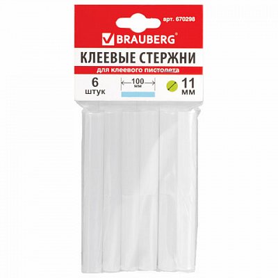 Клеевые стержни, диаметр 11 мм, длина 100 мм, белые, комплект 6 штук, BRAUBERG, европодвес