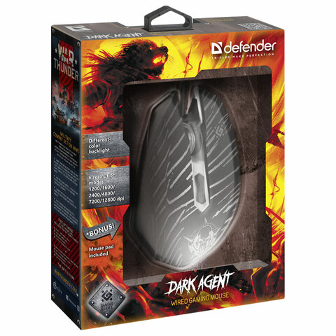Мышь проводная игровая DEFENDER Dark Agent GM-590L, 12800 DPI, USB, 6 кнопок, оптическая, + коврик, черная