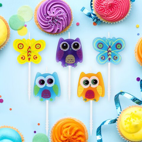 Свечи фигурные для торта на шпажках «Совы и бабочки», 5 шт., 2.5×3/2.5×2.5 см, ЗОЛОТАЯ СКАЗКА