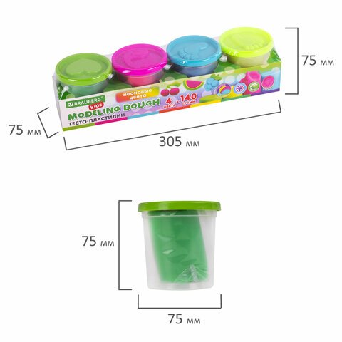 Пластилин-тесто для лепки BRAUBERG KIDS, 4 цвета, 560 г, яркие неоновые цвета, крышки-штампики