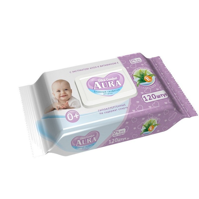 превью Влажные салфетки детские Aura Ultra Comfort 120 штук в упаковке