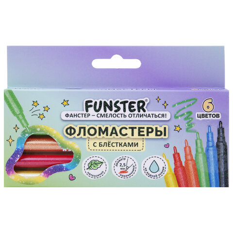 превью Фломастеры с блестками FUNSTER (ФАНСТЕР) «GLITTER» 6 цветов, ударопрочный наконечник