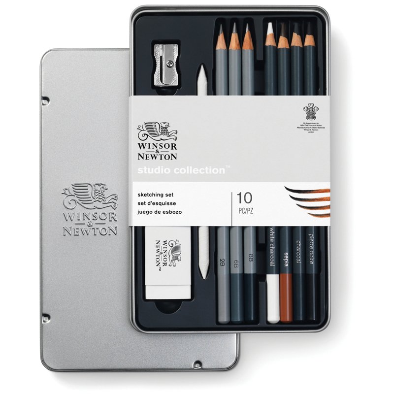 превью Набор чернографитных карандашей Winsor&Newton, ластик, метал точилка, растушевка, (2В, 6В, 8В - белый мел, сепия, угольный) в метал. пенале