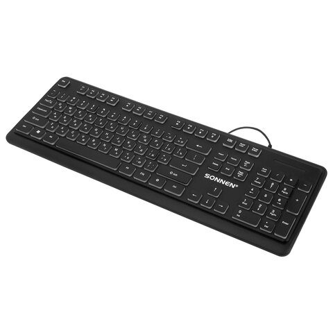 Клавиатура проводная USB, 104 плоские клавиши, LED-подсветка, SONNEN K308, черная