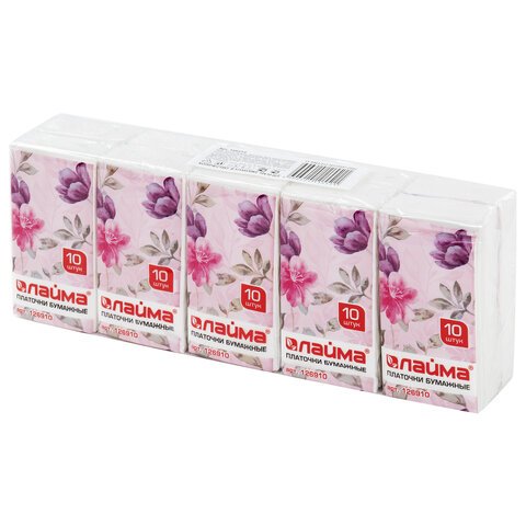 Платки носовые ЛАЙМА, 3-х слойные, 10 шт. х (спайка 10 пачек), 20×20 см