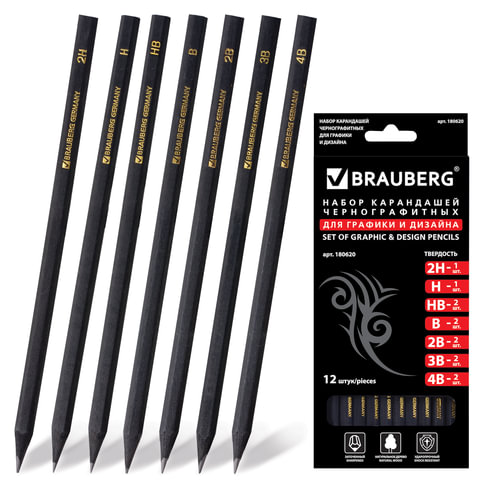 Карандаши чернографитные BRAUBERG НАБОР 12 шт., «Black Jack», 2Н-4В, без резинки, черные, дерево, заточенные