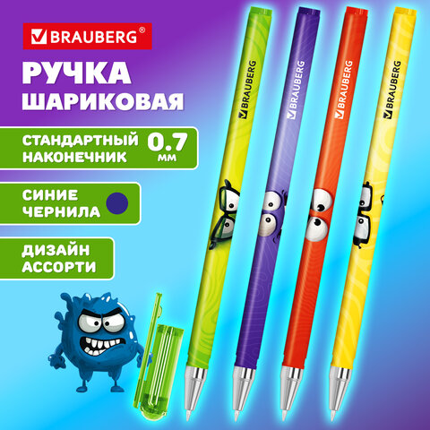 Ручка шариковая с принтом BRAUBERG «МОНСТРИКИ», СИНЯЯ, SOFT TOUCH покрытие, узел 0.7 мм, линия письма 0.35 мм