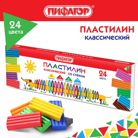 Пластилин классический ПИФАГОР «Веселая такса», 24 цвета, 360 г, СО СТЕКОМ