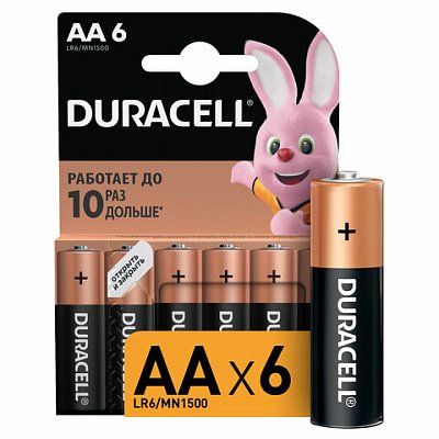 Батарейки КОМПЛЕКТ 6 шт., DURACELL Basic ОРИГИНАЛ, АА (LR6.15А), алкалиновые, пальчиковые
