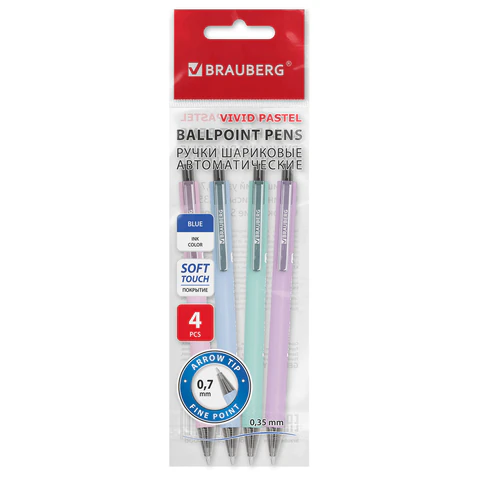 превью Ручки шариковые автоматические BRAUBERG «VIVID PASTEL», СИНИЕ, НАБОР 4 ШТУКИ, soft-touch, пишущий узел 0.7 мм, линия письма 0.35 мм