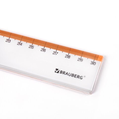 Линейка пластиковая 30 см BRAUBERG «FRESH ZONE»прозрачнаяс оранжевой шкалой210759
