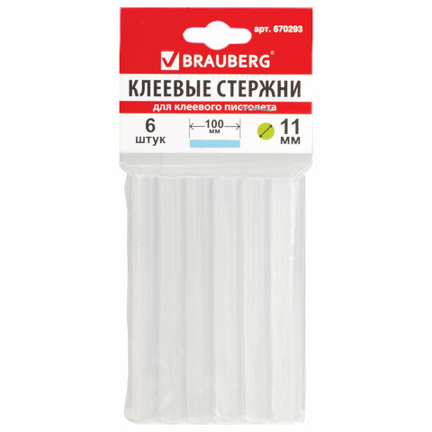 превью Клеевые стержни, диаметр 11 мм, длина 100 мм, прозрачные, комплект 6 шт., BRAUBERG, европодвес