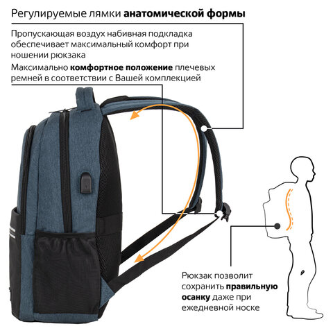 Рюкзак BRAUBERG URBAN универсальныйс отделением для ноутбукаUSB-портDenverсиний46×30х16 см229893