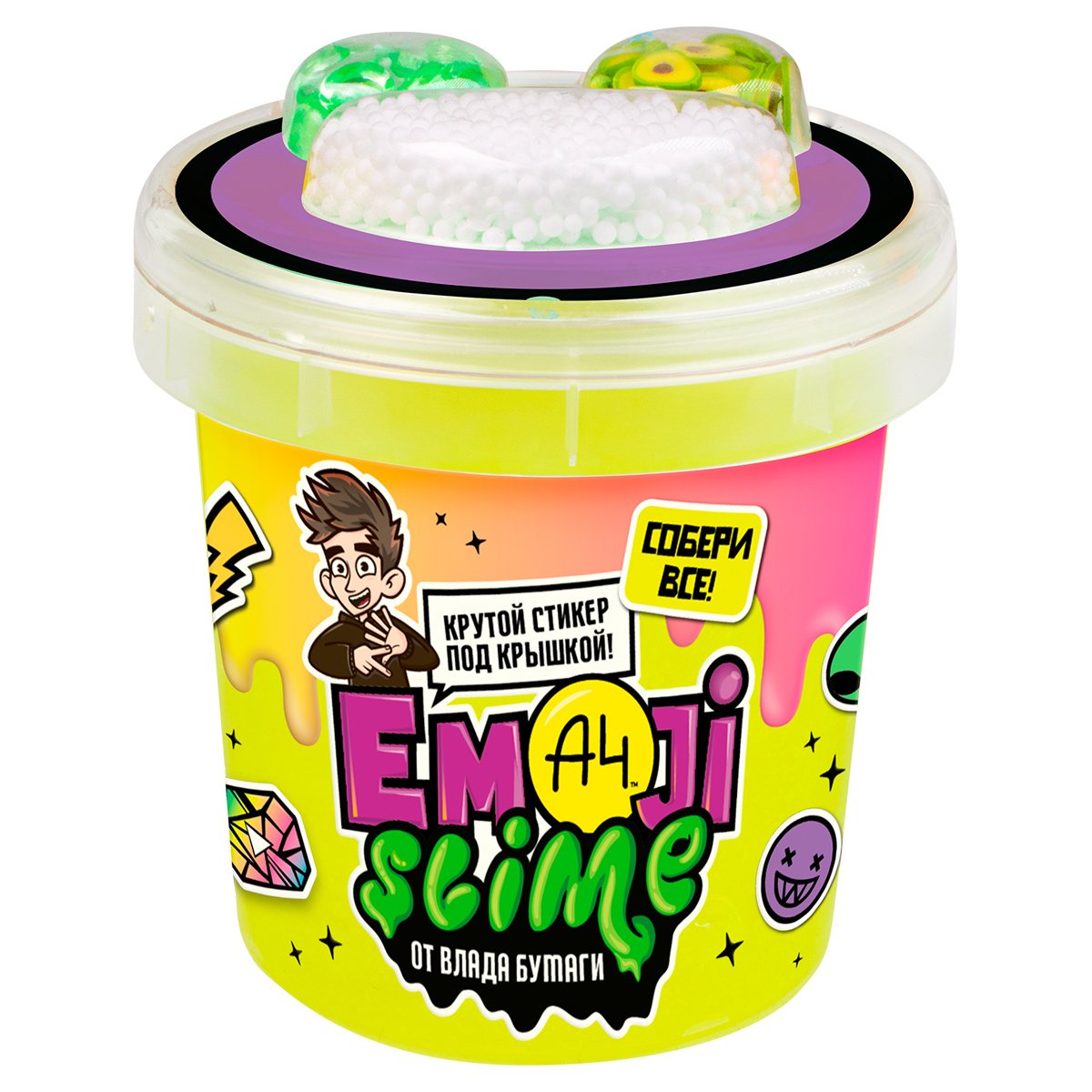 Слайм с добавками для замешивания Slime «Emoji. Влад А4», оранжевый/ зеленый/желтый, 110г, ассорти