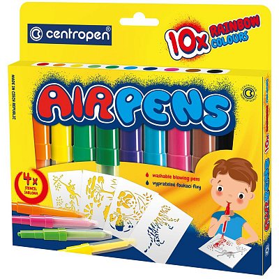 Фломастеры воздушные Centropen «AirPens Rainbow», 10цв. +4 трафарета, картон. упаковка