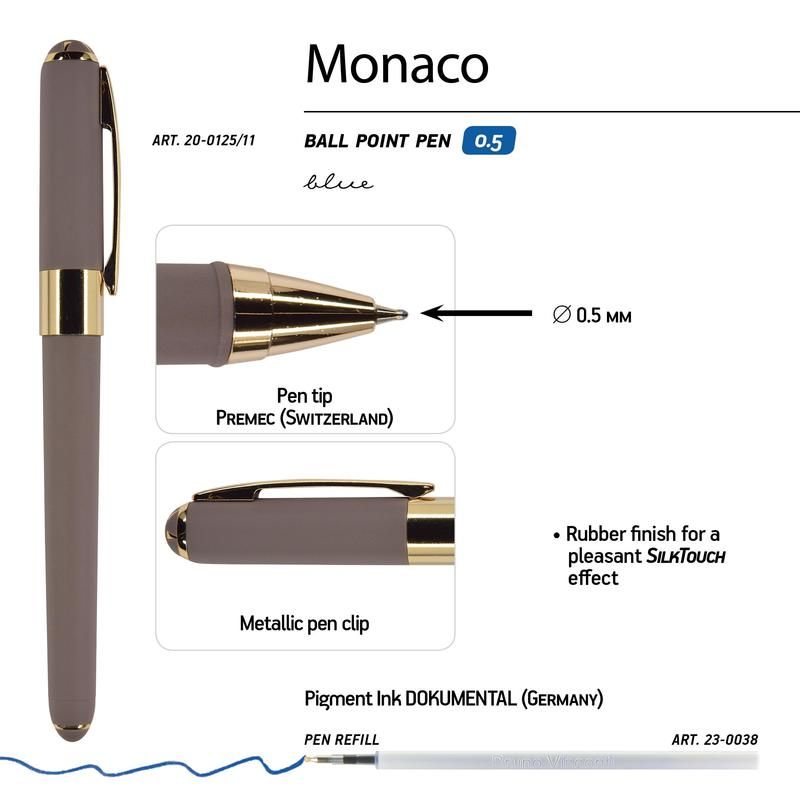 Ручка шариковая неавтоматическая Bruno Visconti Monaco синяя (серый корпус, толщина линии 0.4 мм)