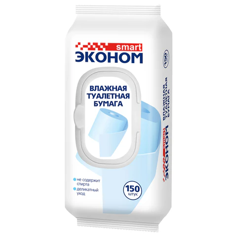 превью Бумага туалетная влажная 150 шт., ЭКОНОМ SMART, с пластиковым клапаном