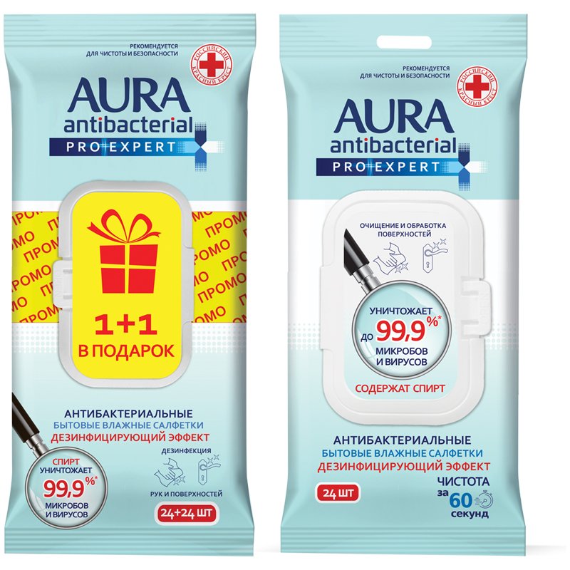 превью Салфетки влажные Aura «Pro expert», big-pack, для поверхностей, изопропилов. спирт, 24шт+ПРОМО