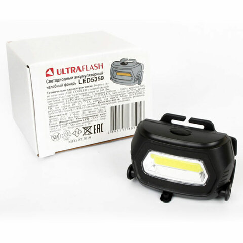 Фонарь налобный аккумуляторный ULTRAFLASH 3Вт COB, 3 режима, Li-pol (USB-кабель в комплекте)